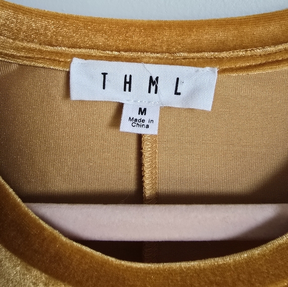 THML, Marigold Yellow Velvet Ruched Dolman Bishop Sleeve Blouse Top SZ Medium - Picture 9 of 11